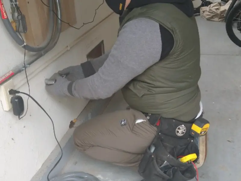 Electrician performing outlet wiring in a Oak Grove garage